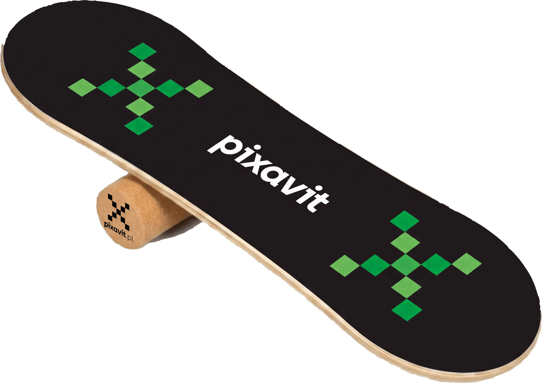 Balance board PIXAVIT — czarna deska z zielonymi pixelowymi X i napisem pixavit, oparta na korkowej rolce